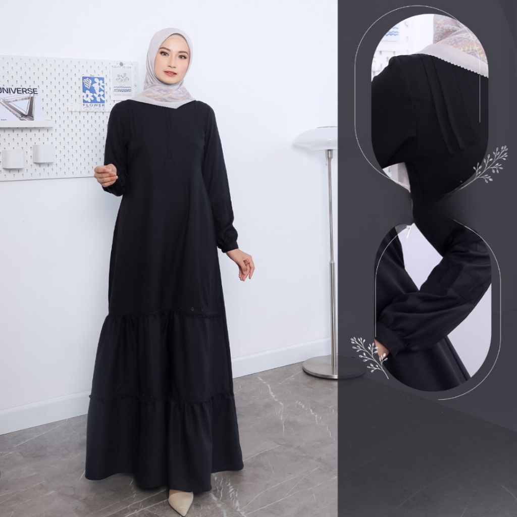 GAMIS POLOS HITAM  DEWASA BY SEPLY SHABIRA 01 BLACK BAHAN PRILLY MODEL LENGAN PANJANG